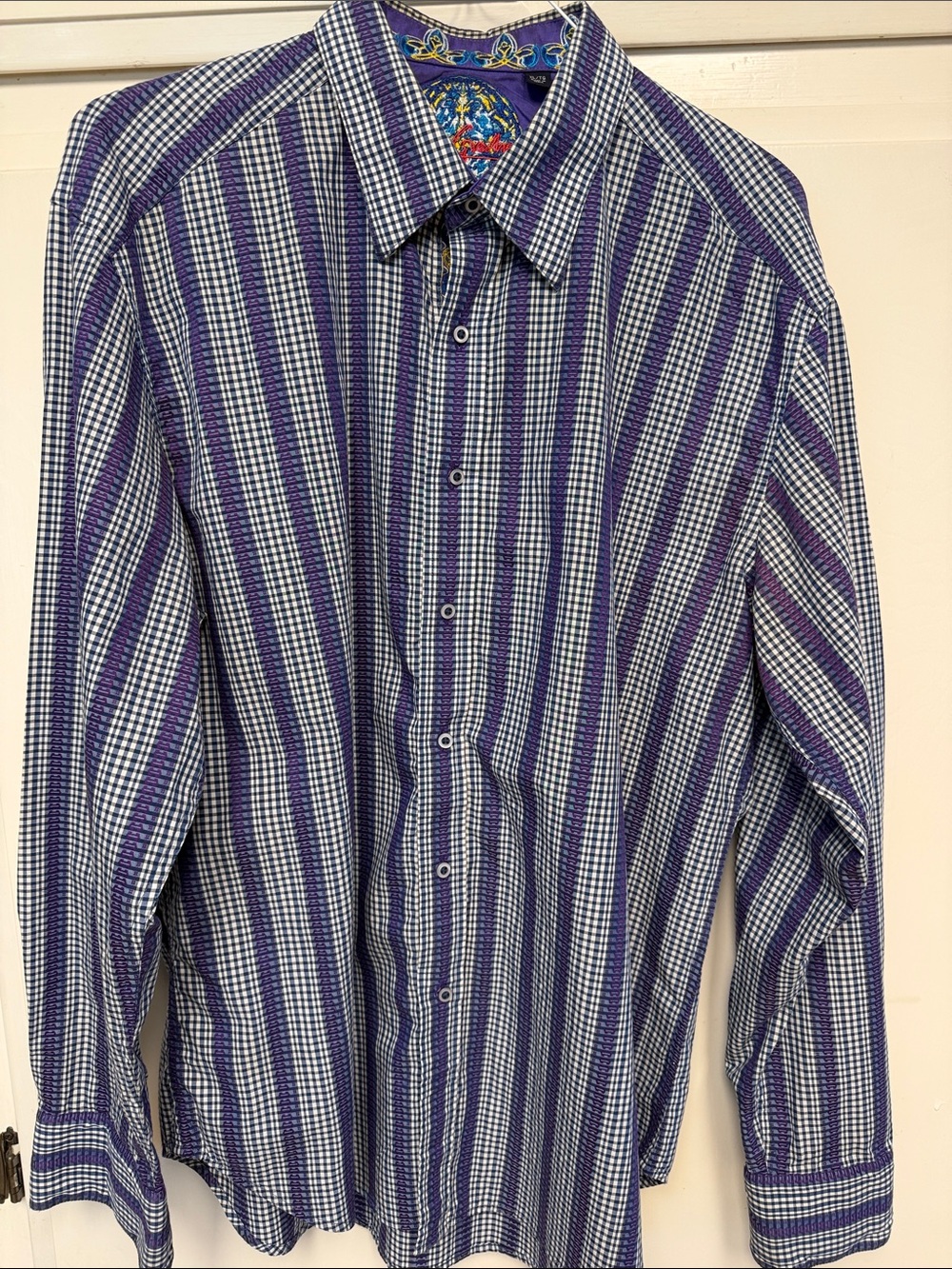 Robert Graham Men’s Purple Gingham and White Striped dress shirt xl